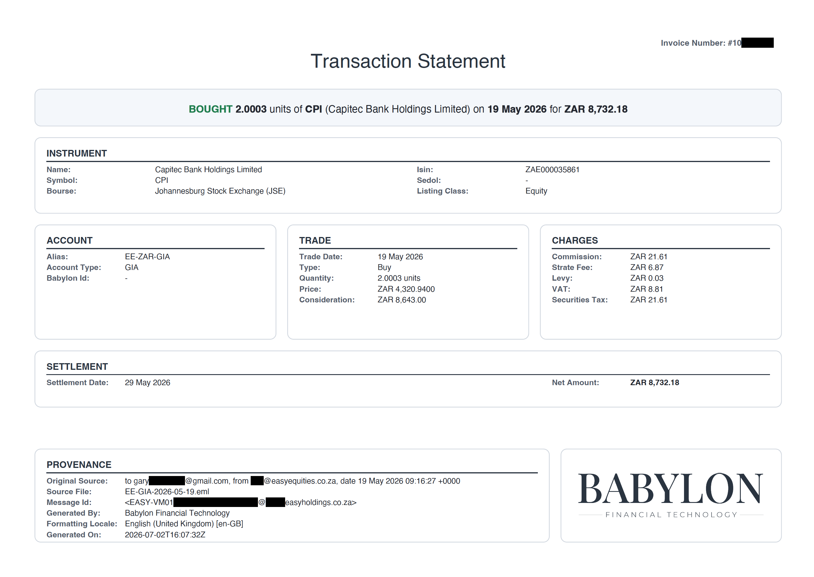 Example transaction record