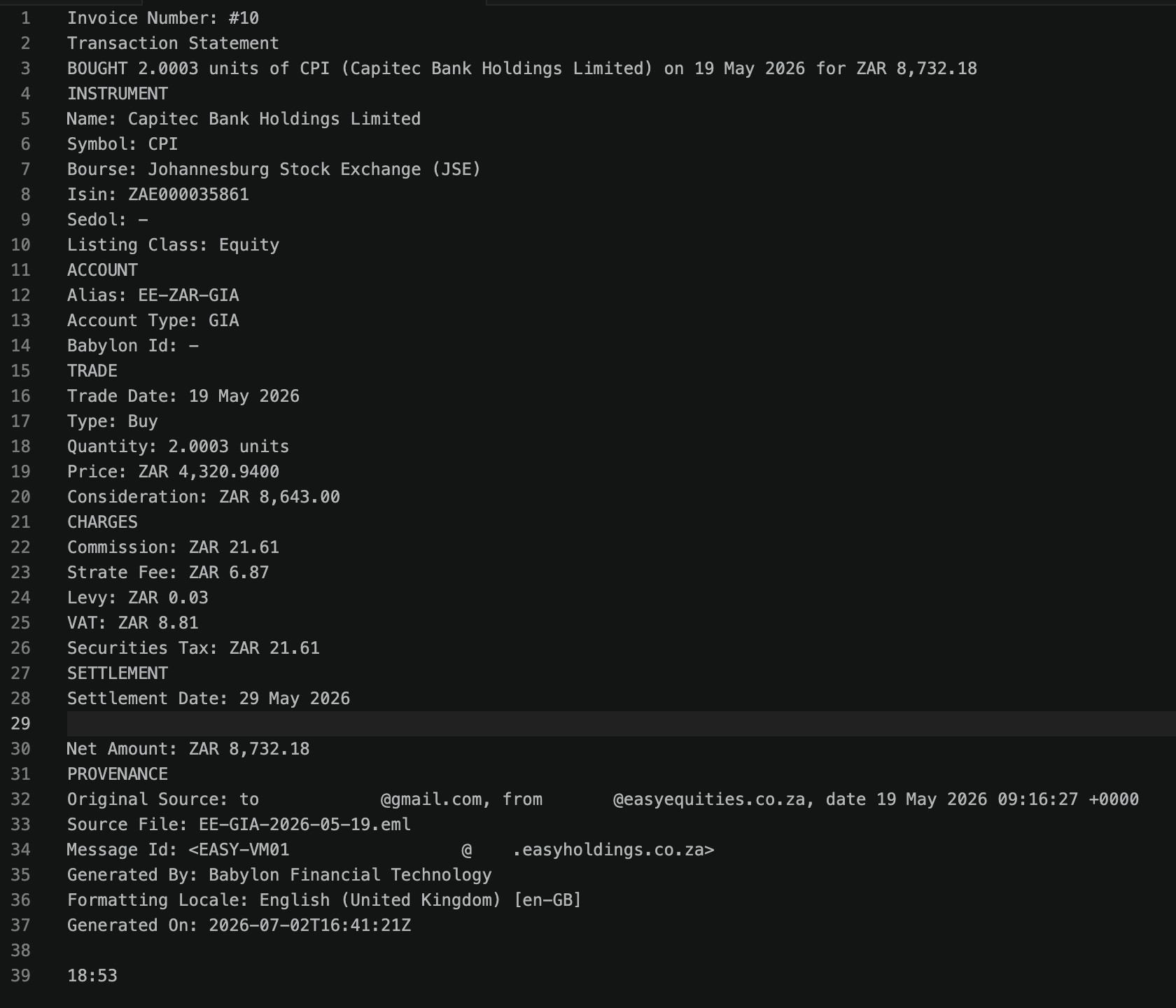 Example transaction record extracted text