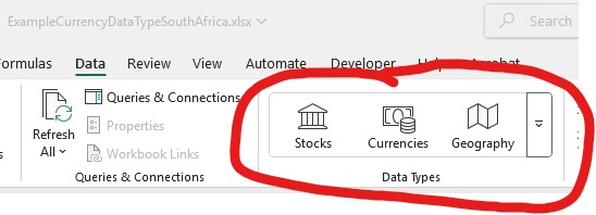 Excel Data Tab with Stocks and Currency highlighted