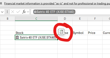 Excel Stock Data Cell with popup menu to select characteristics