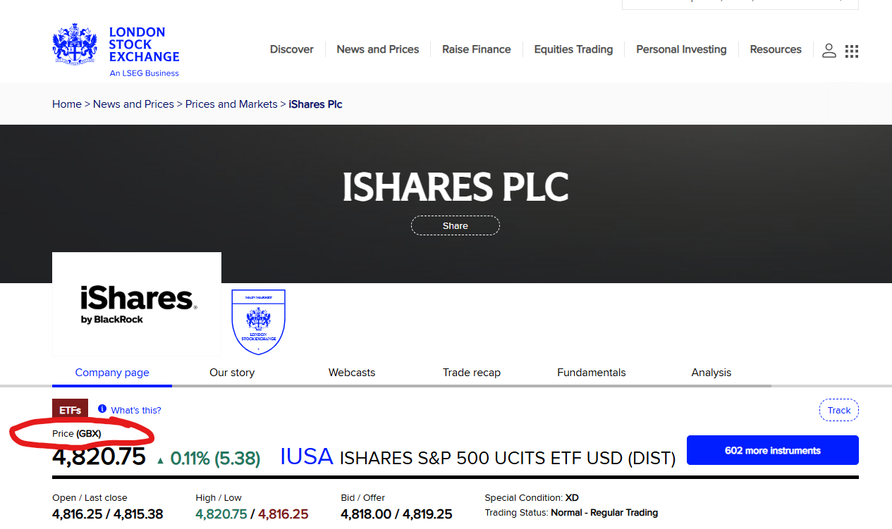 London Stock Exchange page showing the IUSA price quoted in GBX
